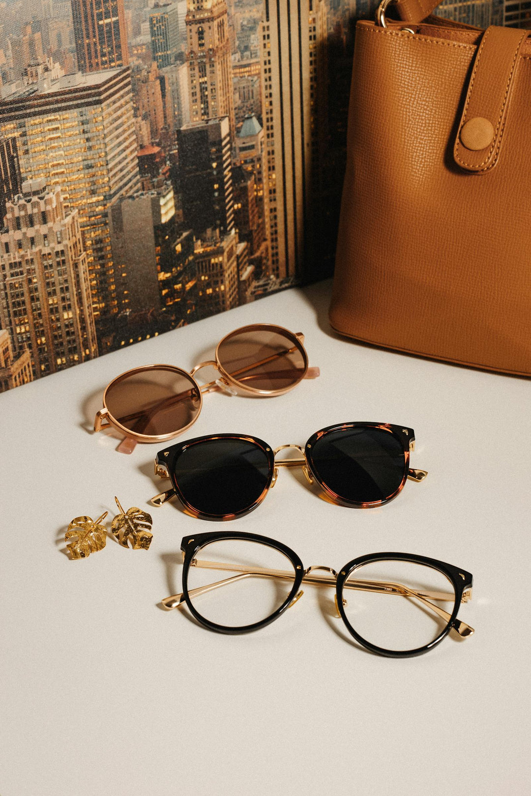 Sunglasses stored with a travel bag