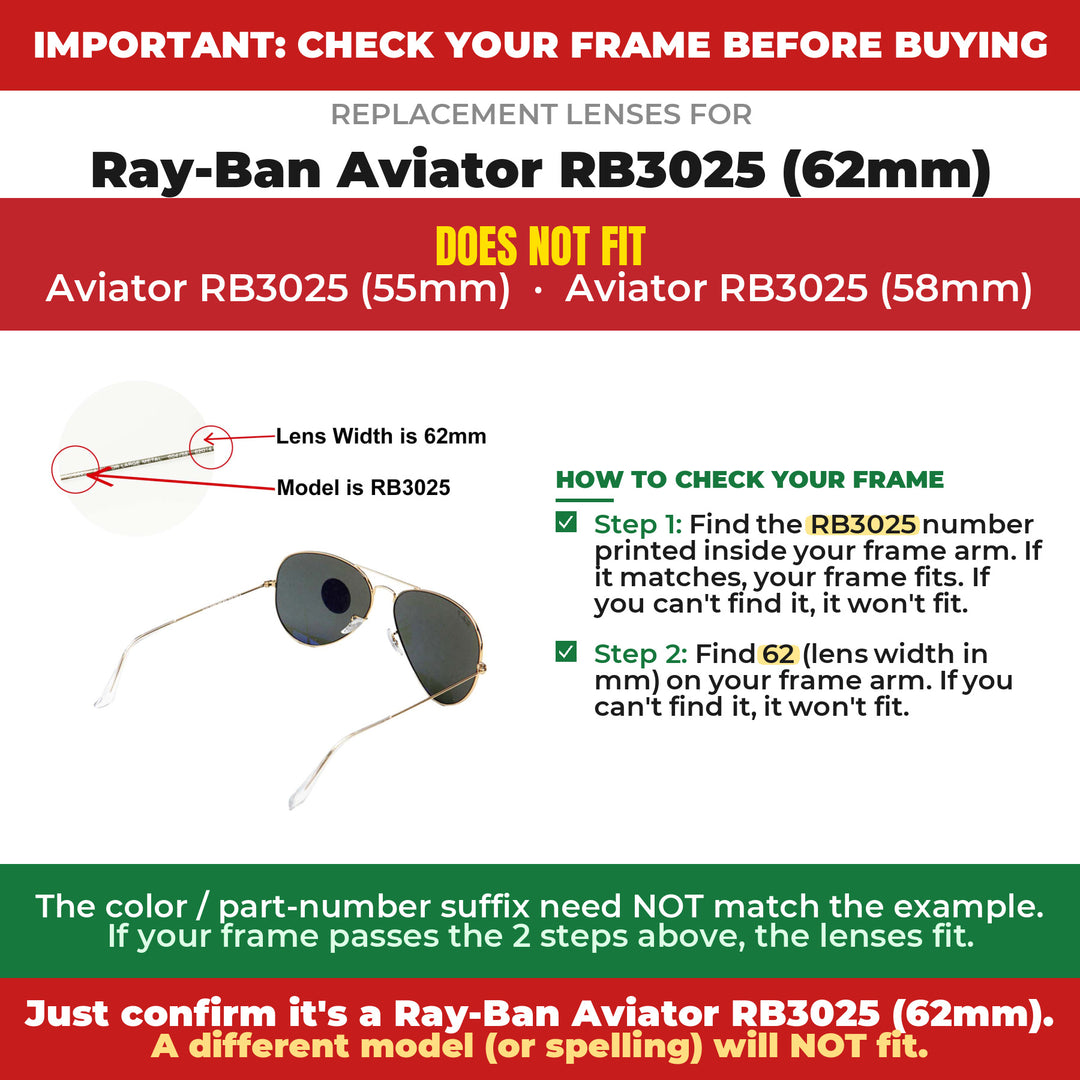 Verify your Ray-Ban Aviator RB3025 (62mm) frame