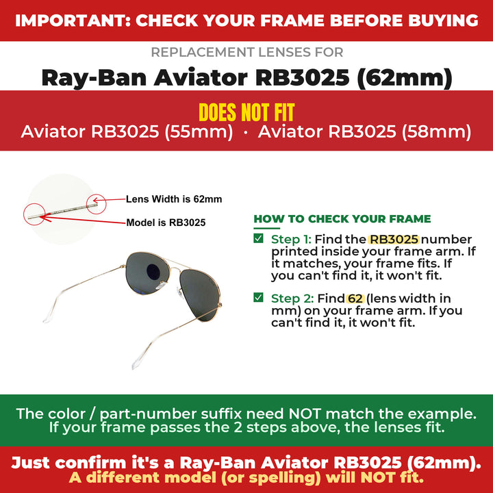 Verify your Ray-Ban Aviator RB3025 (62mm) frame