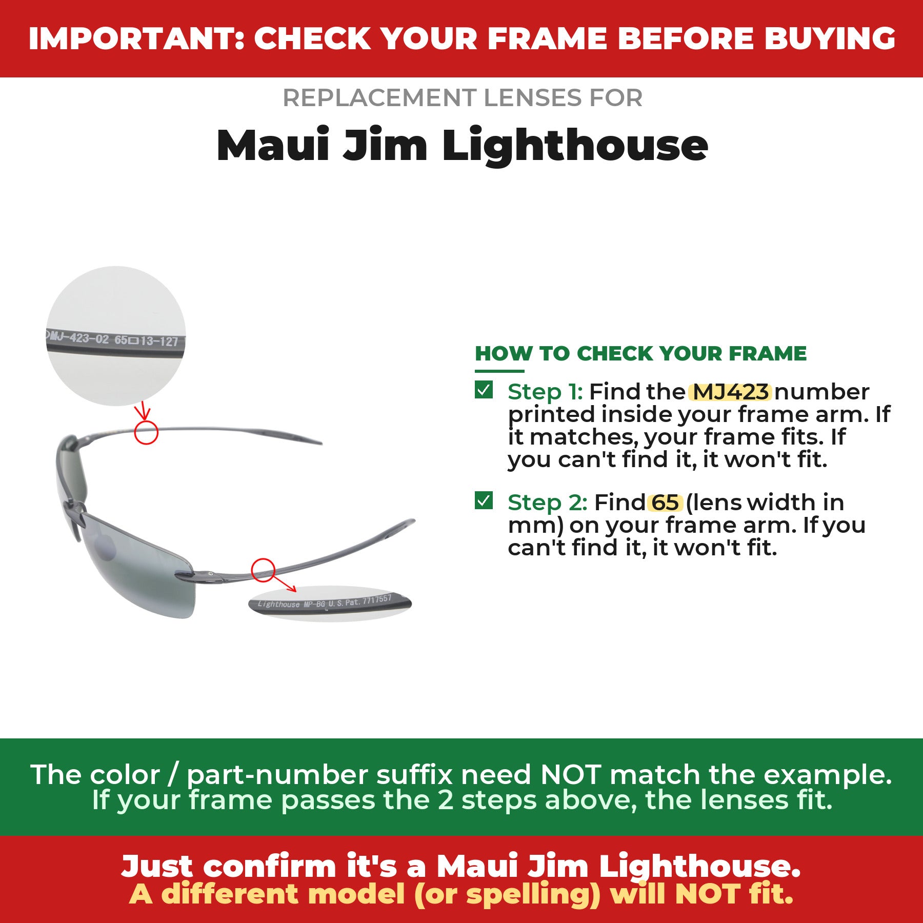 Walleva Replacement Lenses for Maui Jim Lighthouse MJ-423