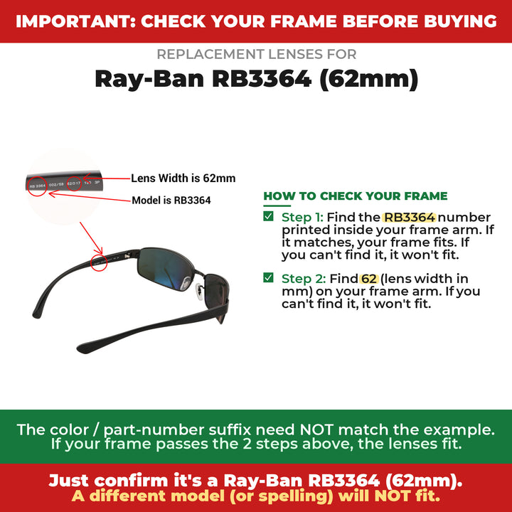Verify your Ray-Ban RB3364 (62mm) frame