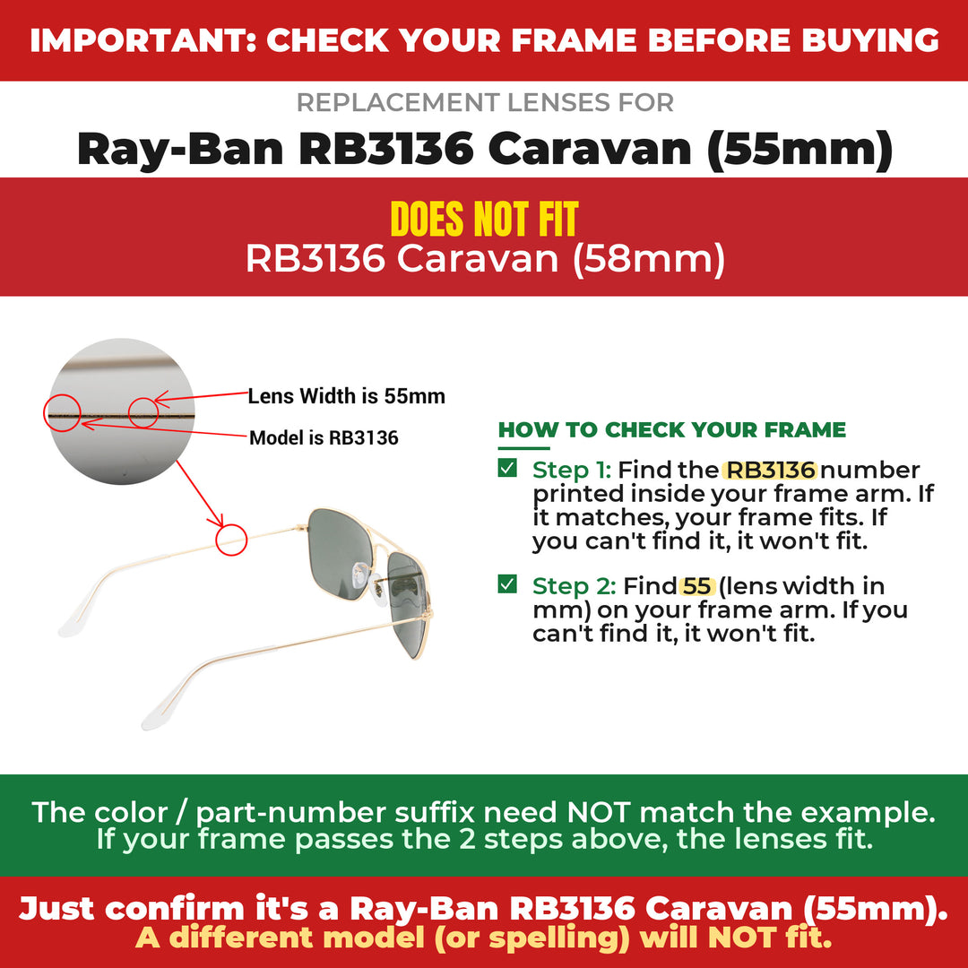 Verify your Ray-Ban RB3136 Caravan (55mm) frame