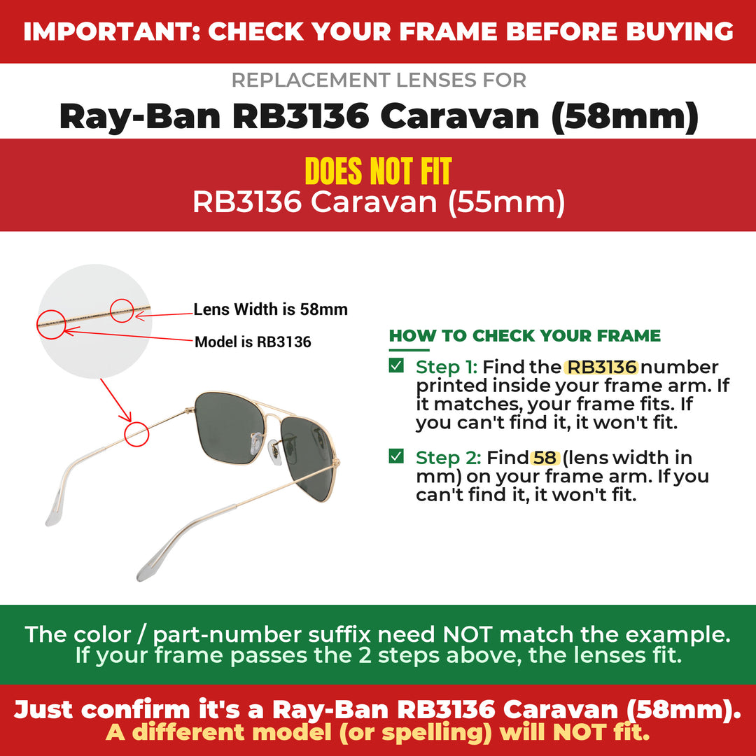 Verify your Ray-Ban RB3136 Caravan (58mm) frame