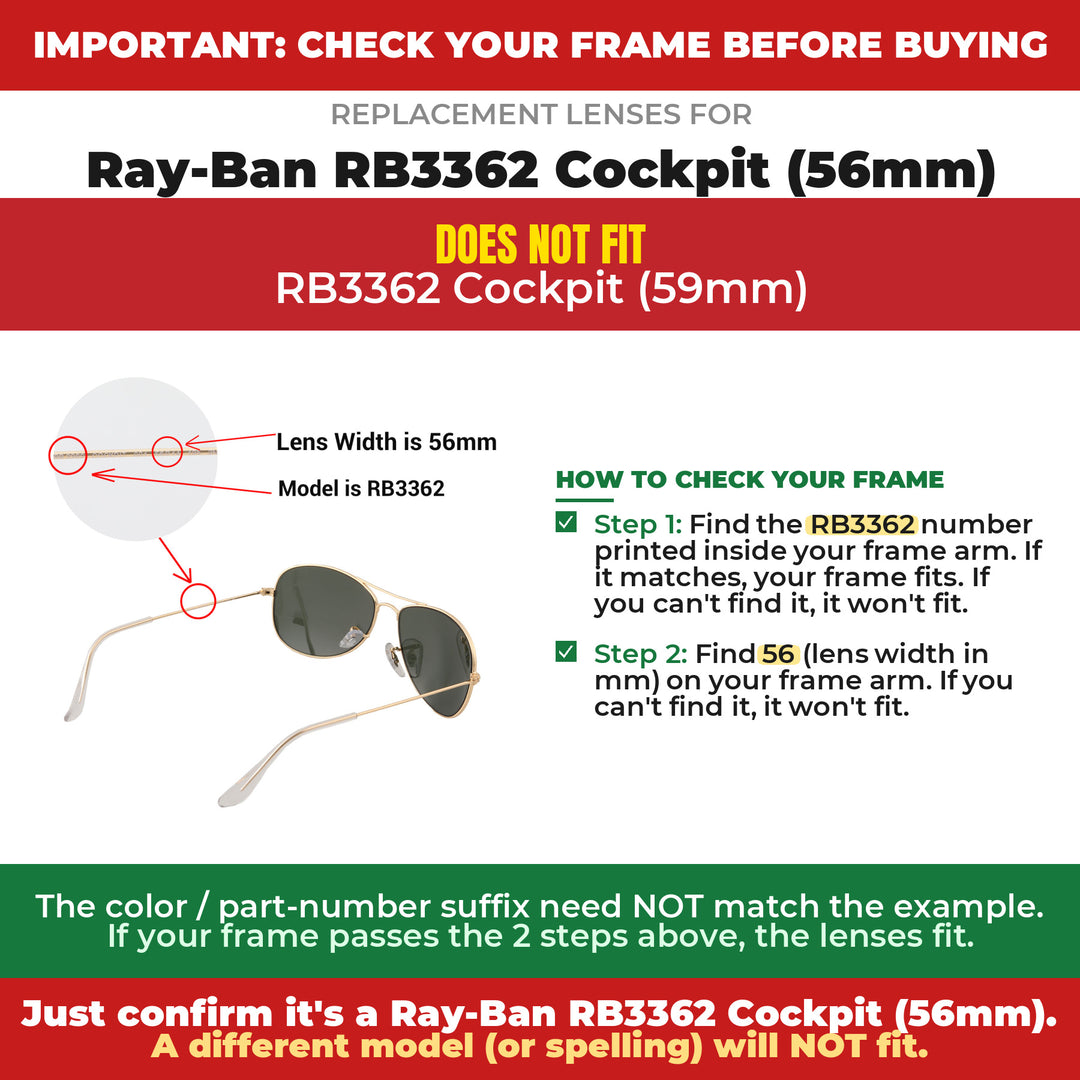 Verify your Ray-Ban RB3362 Cockpit (56mm) frame