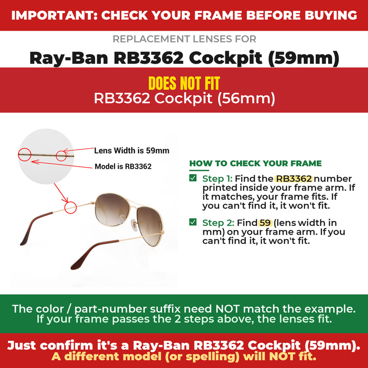 Verify your Ray-Ban RB3362 Cockpit (59mm) frame